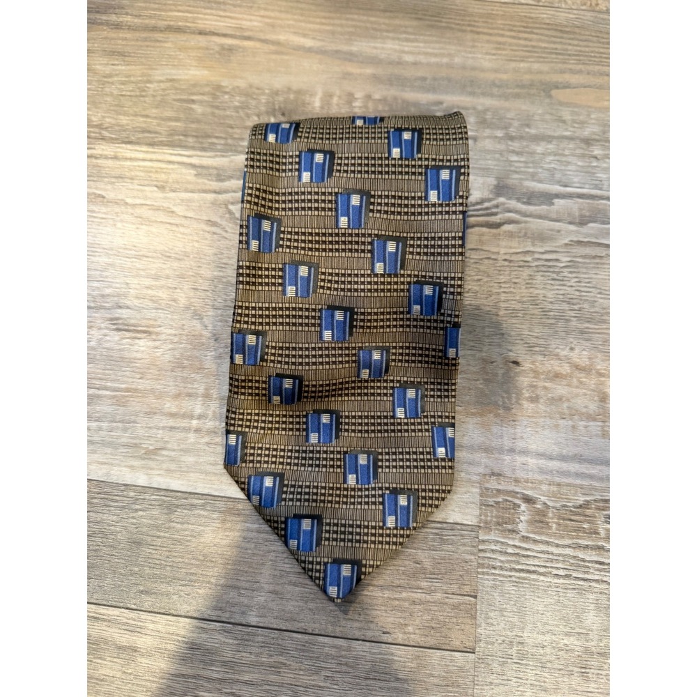 Today's Man Mens Necktie 100% Silk Italian Geometric Brown Blue OS